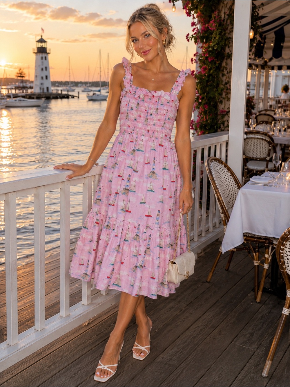 Dondolo Pink Sailboat & Lighthouse Smocked Midi Dress Size M